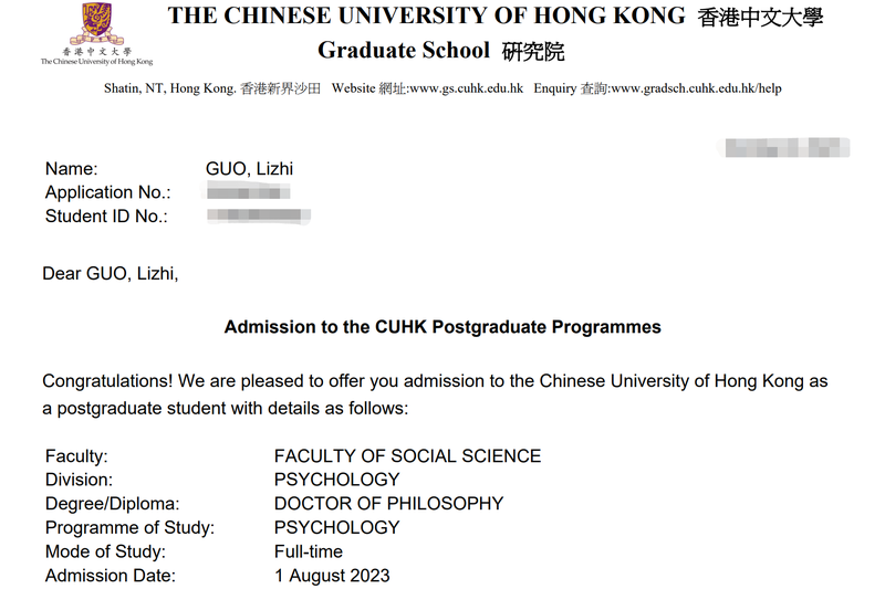 Congratulations! Lizhi was admitted to The Chinese University of Hong Kong as a PhD student!