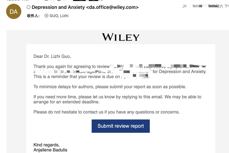 Lizhi was invited as a reviewer of Depression and Anxiety
