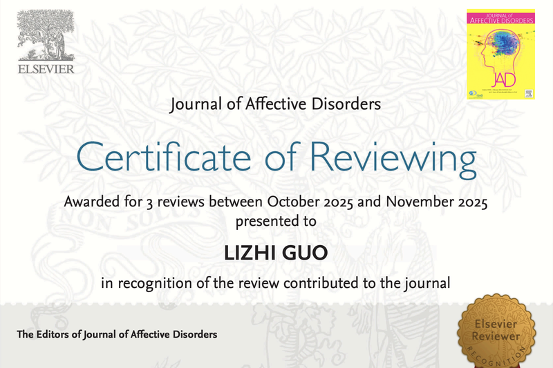 Lizhi was invited as a reviewer of Journal of Affective Disorders